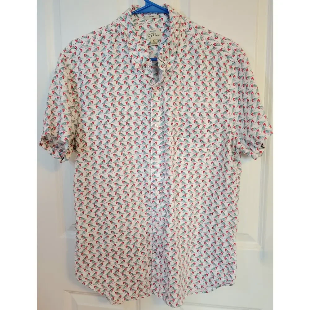 J.Crew Mens 100% Linen Bird Print Shirt Slim Fit Large Short Sleeve Coastal